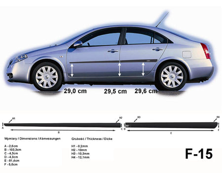 Seitenschutzleisten schwarz für Nissan Primera P12 Schrägheck & Limo 2002-08 F15 a