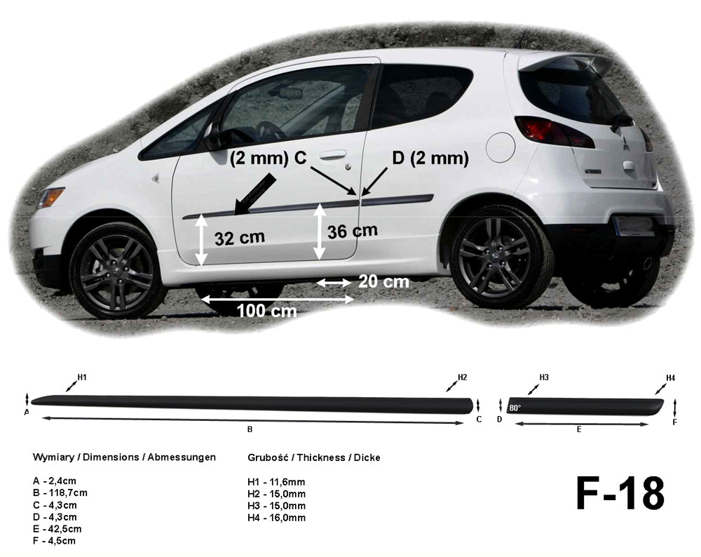 Seitenschutzleisten schwarz für Mitsubishi Colt VII 3-Türer facelift 2008-12 F18 a