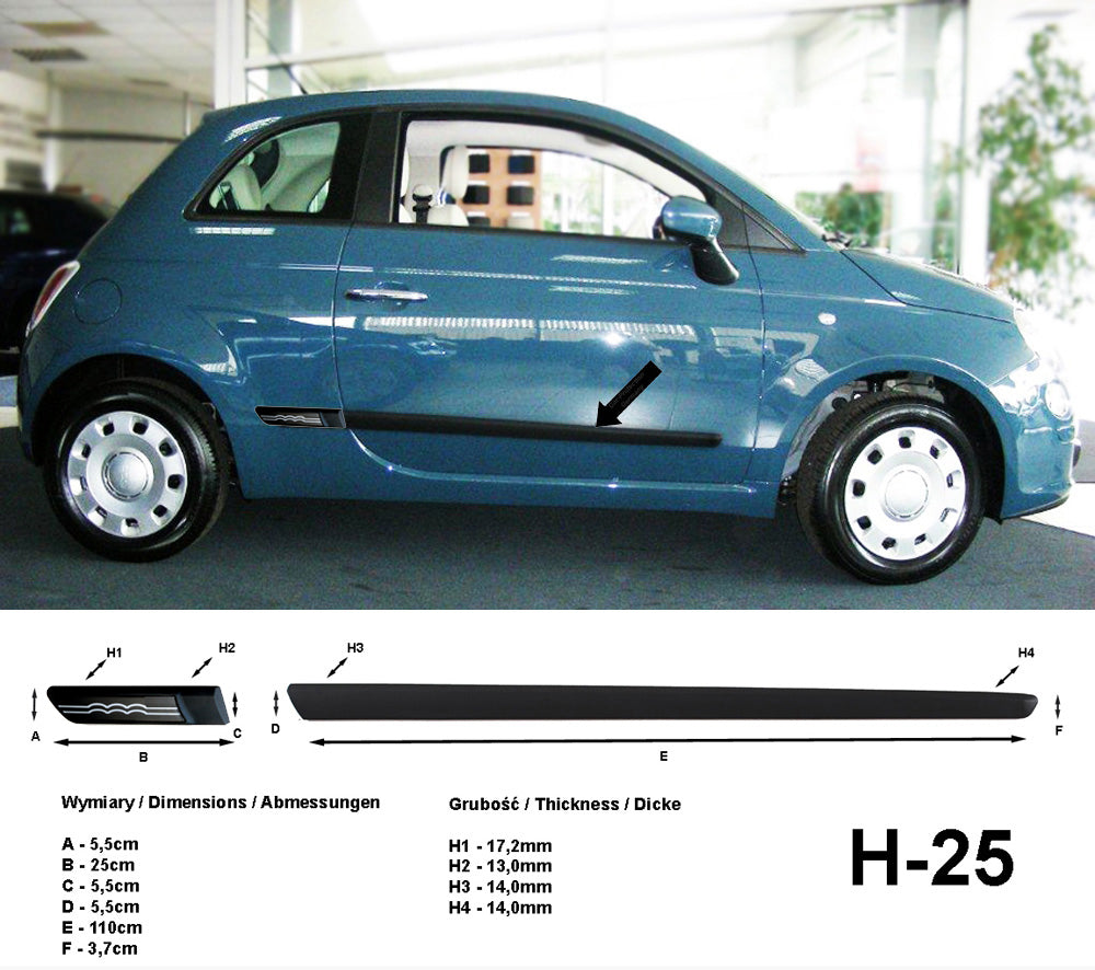 Seitenschutzleisten schwarz mit Logo silber für Fiat 500 Baujahre 2007-2011 H25 a