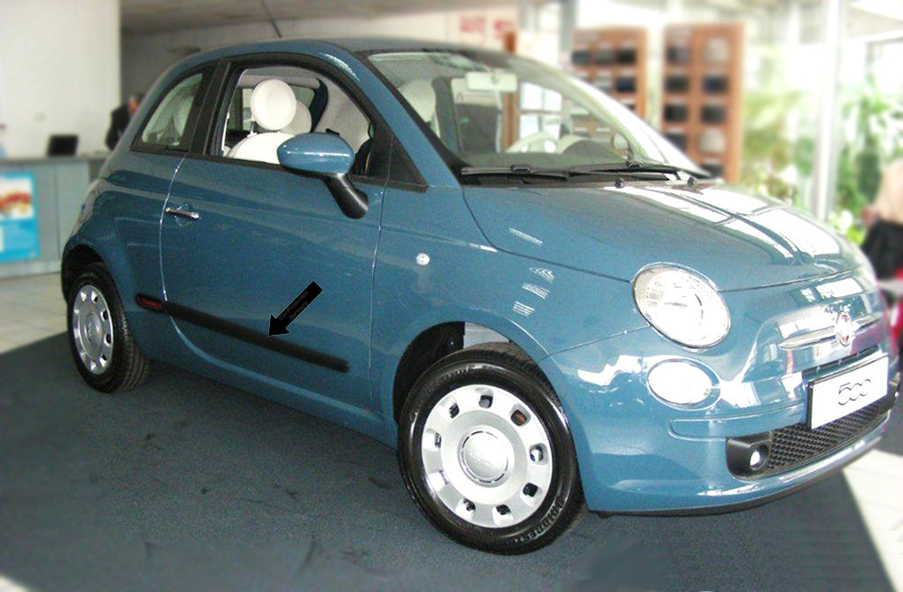 Seitenschutzleisten schwarz mit Logo silber für Fiat 500 Baujahre 2007-2011 H25 b