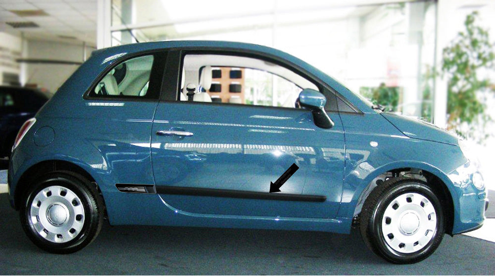Seitenschutzleisten schwarz mit Logo silber für Fiat 500 Baujahre 2007-2011 H25 d
