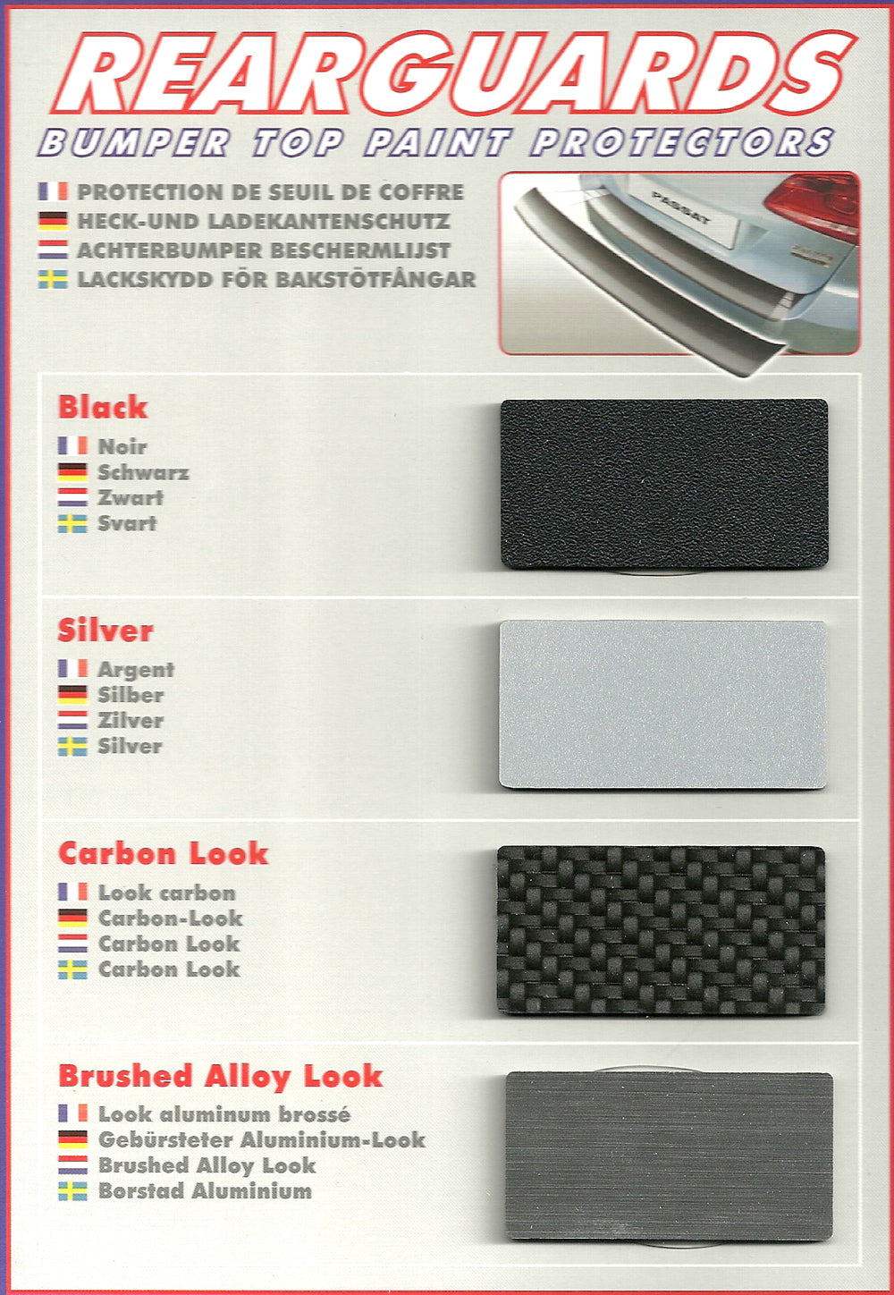 RGM Musterkarte für Varianten Schwarz, Aluminium-Look, Silber-Look und Carbon-Look